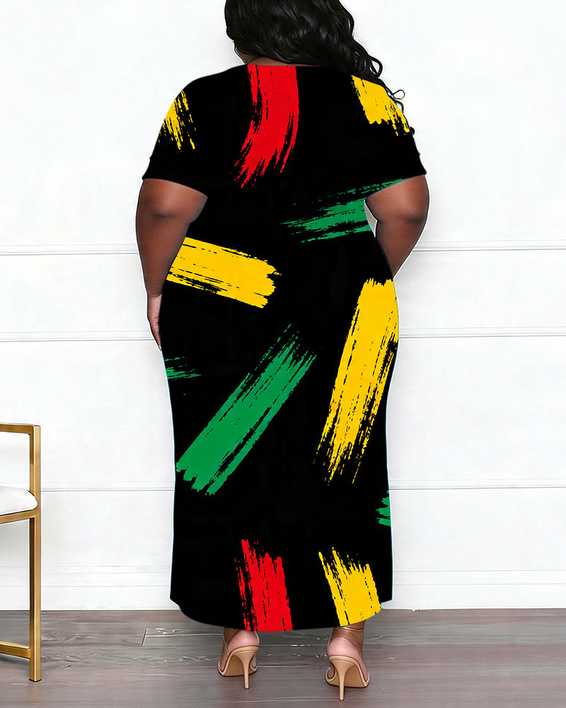 Women's Large Size Red Yellow Green Brush Stroke Graffiti Print Side Slit Short Sleeve Dress