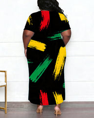 Women's Large Size Red Yellow Green Brush Stroke Graffiti Print Side Slit Short Sleeve Dress