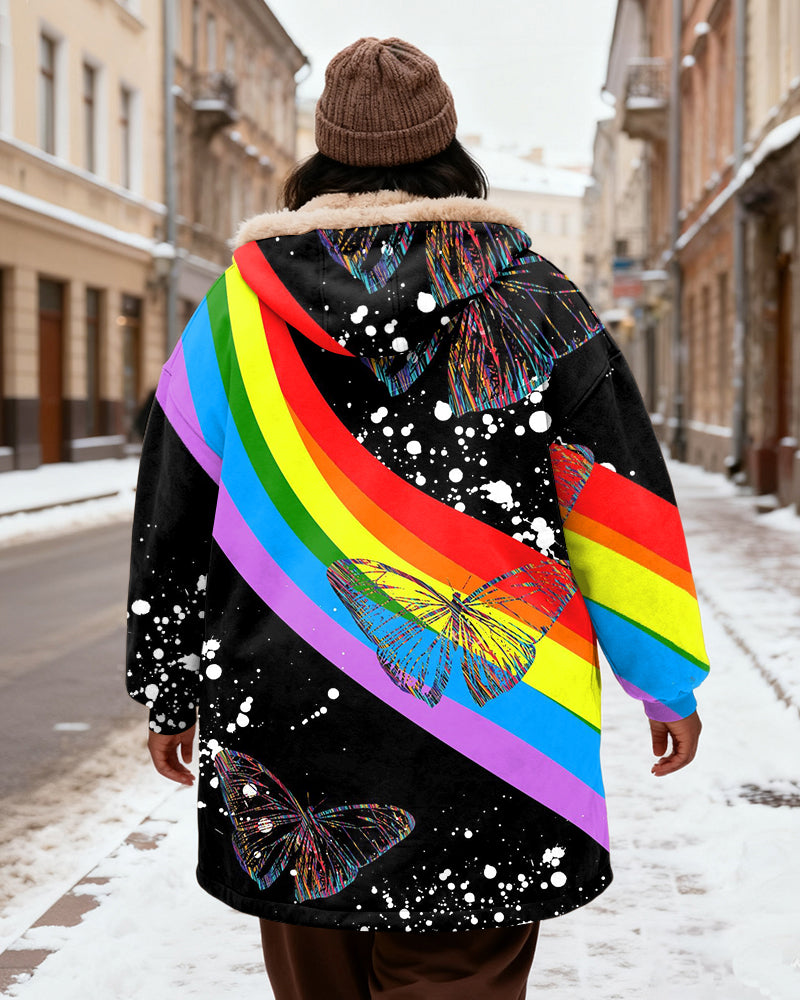 Rainbow Butterfly Splash Ink Printed Velvet Thickened Long Hooded Exterior