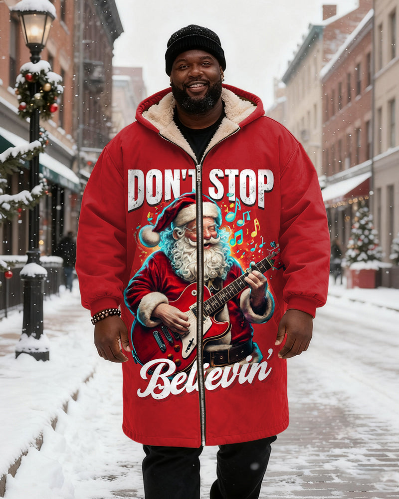 Big & Tall Men's Red DON'T STOP Believin' Santa Claus Playing Guitar Printed Velvet Thickened Long Hooded Coat