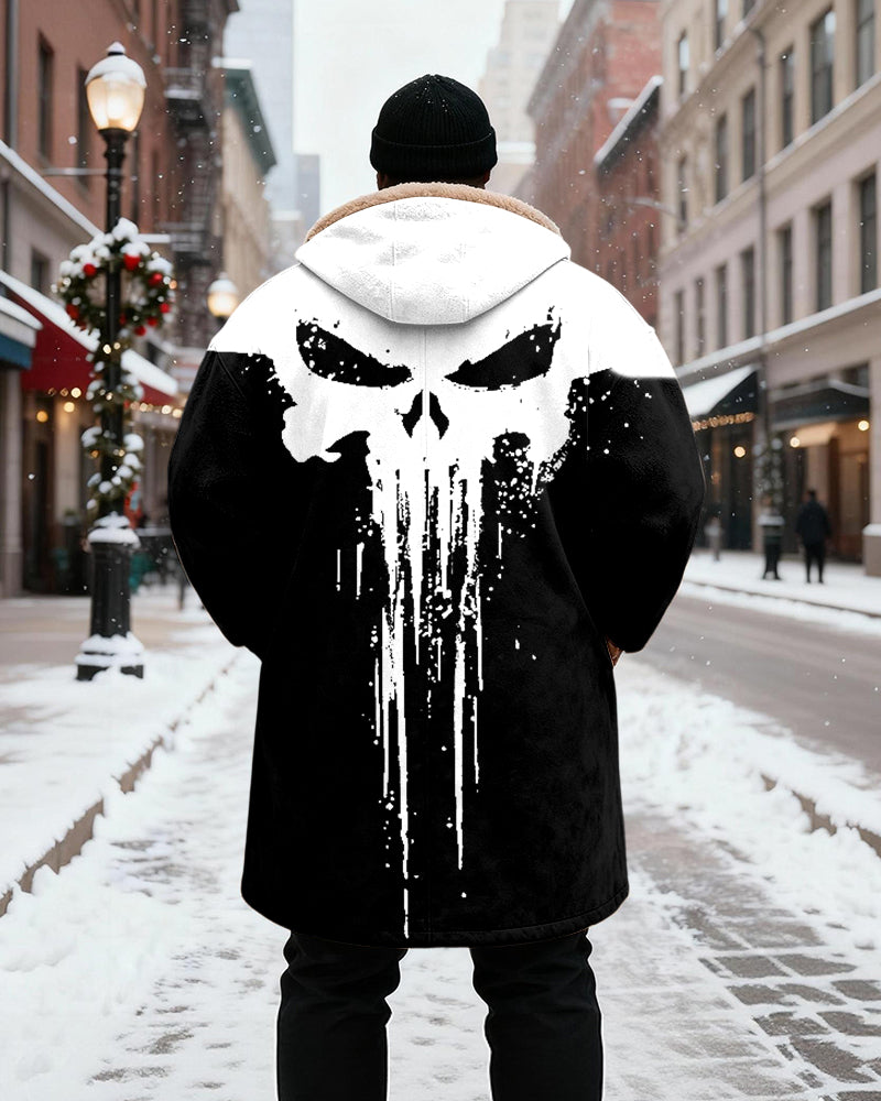 Big & Tall Men's Abstract Skull Print Velvet Thickened Long Hooded Coat