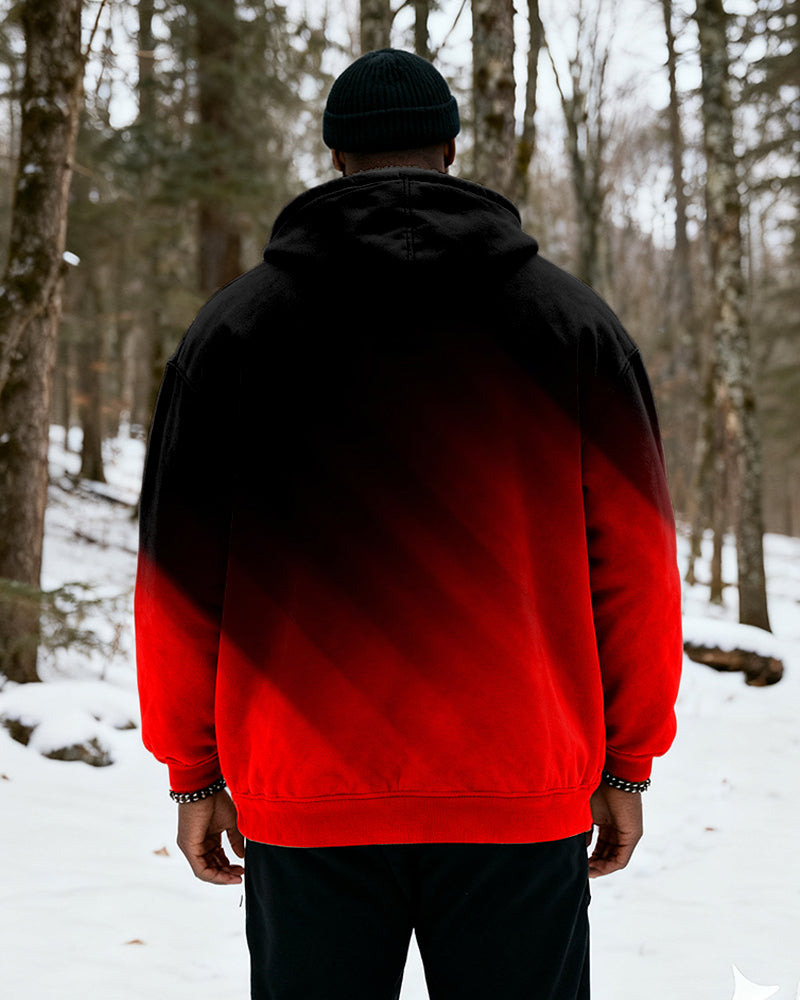 Big & Tall Men's Black And Red Gradient Print Velvet Thickened Zip Cardigan Hoodie