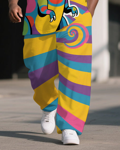 Big and Tall Men's Colorful Stripe Funny Dinosaur Printed Outdoor Short Sleeve T-shirt Pants Set