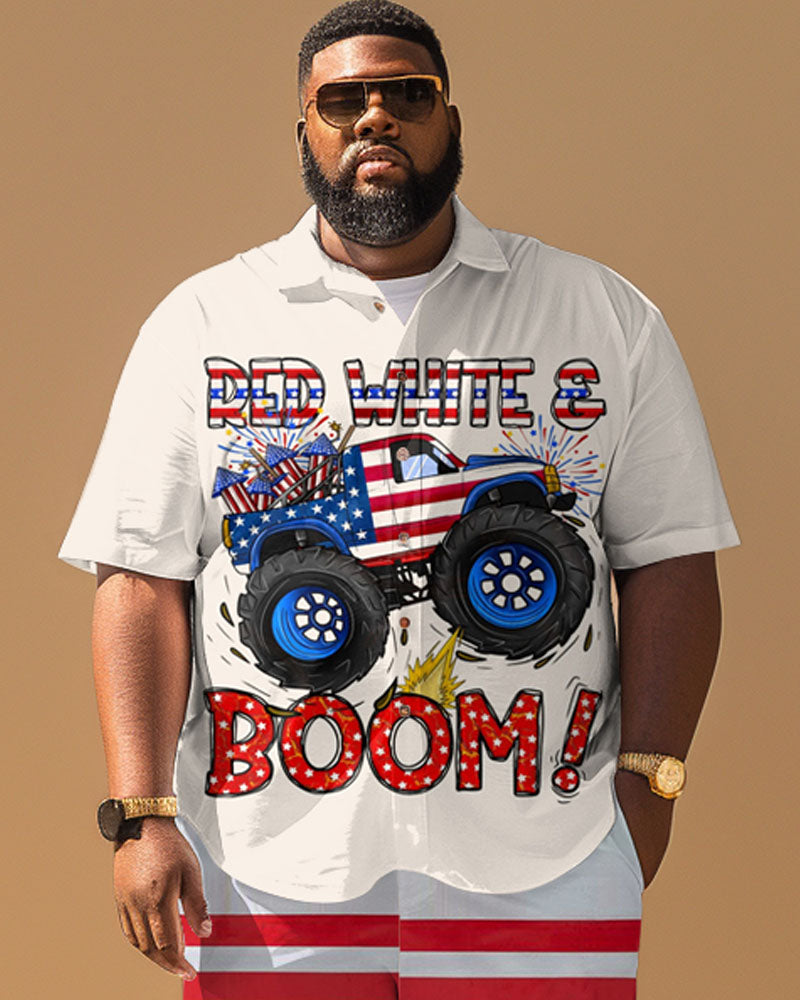 Men's Plus Size Independence Day Flag Car Printed Short Sleeve Shirt Shorts Suit