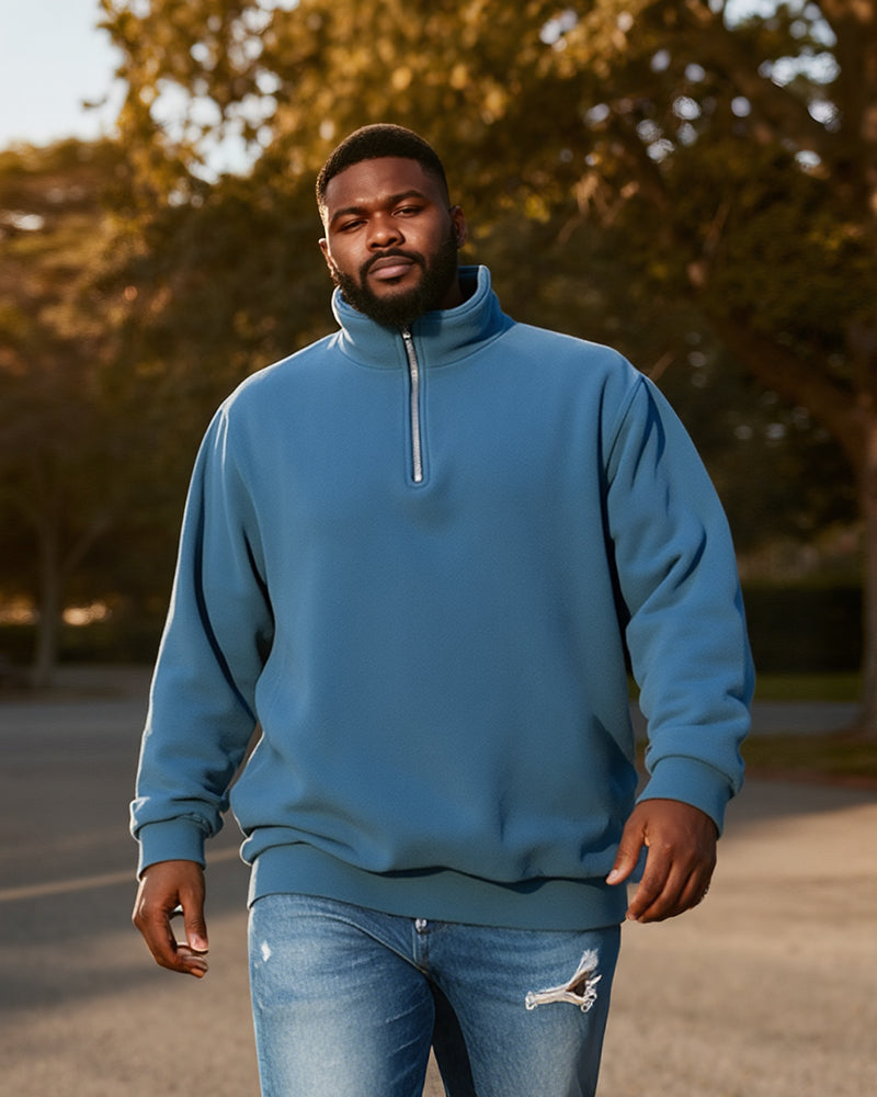 Big & Tall Men's Blue-Fall/Winter Solid Color Polar Fleece Fabric Metal Zipper Collar POLO Long Sleeve