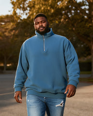 Big & Tall Men's Blue-Fall/Winter Solid Color Polar Fleece Fabric Metal Zipper Collar POLO Long Sleeve