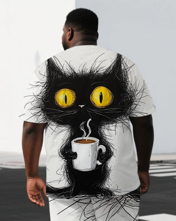 Big & Tall Men's Cartoon Black Cat with Coffee Back Print Casual Short-Sleeve T-shirt Shorts Set
