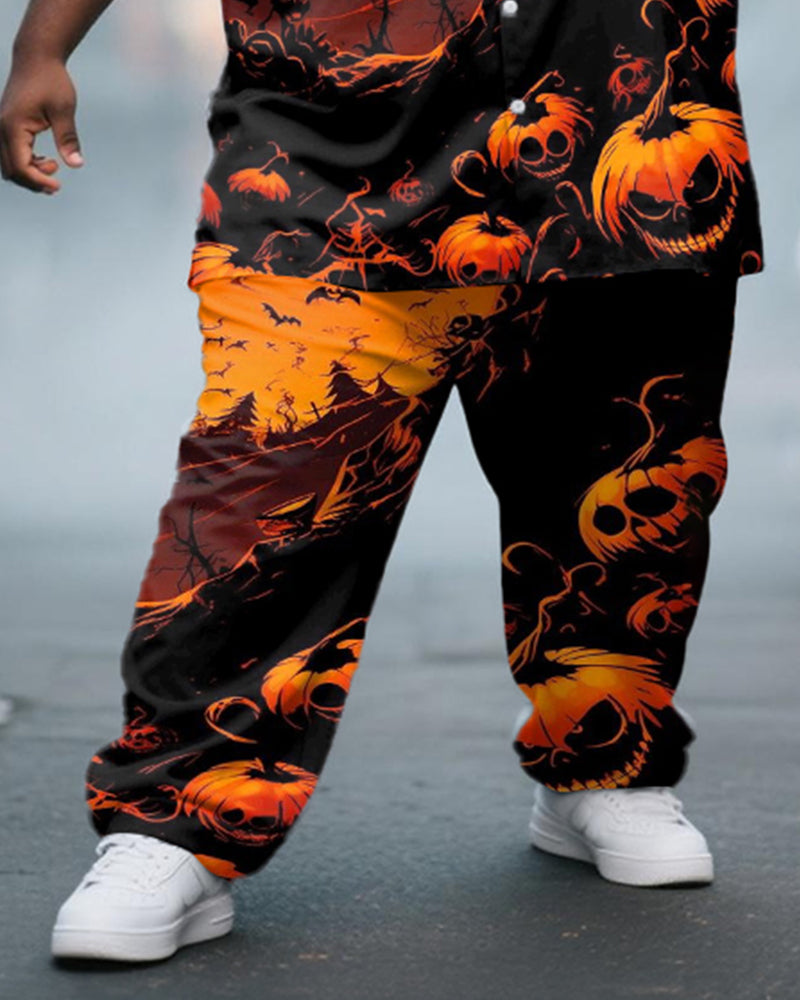 Big & Tall Men's Halloween Orange Horror Pumpkin Graffiti Print Short Sleeve Shirt Trousers Suit