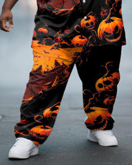 Big & Tall Men's Halloween Orange Horror Pumpkin Graffiti Print Short Sleeve Shirt Trousers Suit