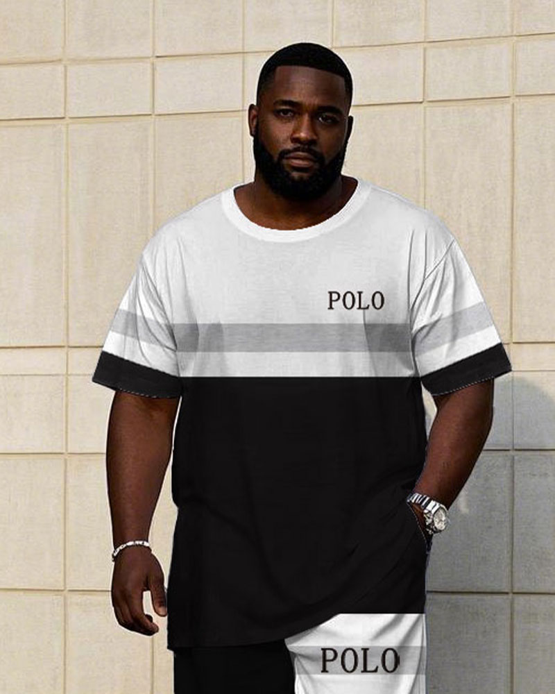 Men's Plus Size Casual Black & White & Grey Color-block Simple Small Label Printed Short-sleeved T-shirt Trousers Suit