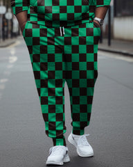 Men's Large Size Green Plaid Colorblock Casual Hoodie And Sweatpants Two-Piece Set