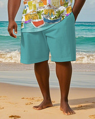 Big & Tall Men's Hawaiian Color Graffiti House Printed Crewneck Short Sleeve T-Shirt Shorts Suit