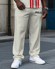 Big Men's Simple Fashion Red Stripe POLO Letter Printed Casual Short Sleeve T-shirt Pants Set
