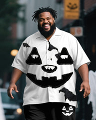 Big & Tall Men's Halloween Black And White Pumpkin Expression Print Short Sleeve Shirt Pants Suit