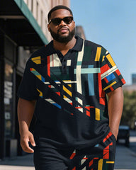 Big & Tall Men's Business Black Geometric Color Print Short Sleeve Polo Shirt Shorts Suit