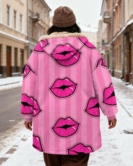 Women's Pink Striped Lip Printed Velvet Thickened Long Hooded Coat
