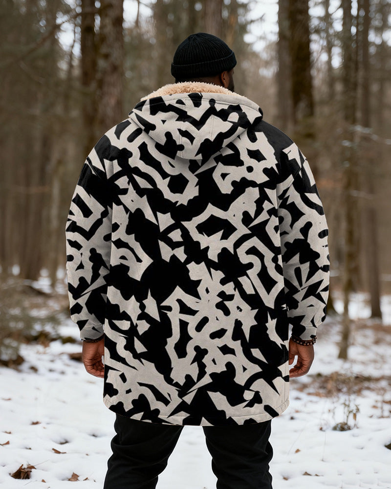 Big & Tall Men's Vintage Black And White Geometric Camouflage Printed Velvet Thickened Long Hooded Coat