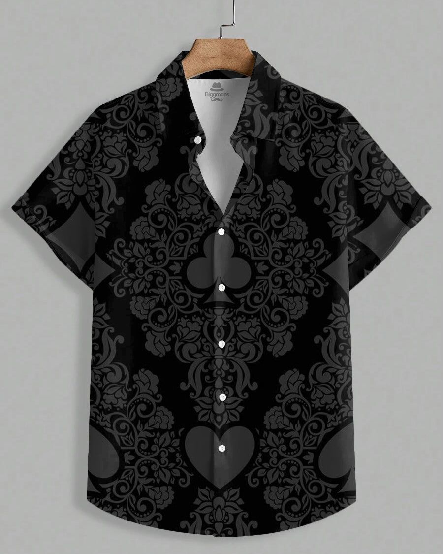 Men's Plus Size Black Retro Poker Print Short Sleeve Shirt