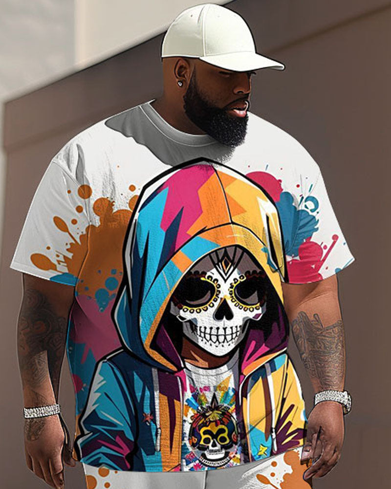 Men's Plus Size Street Fashion Graffiti Skull Print T-Shirt Trousers Set