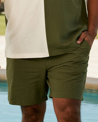 Big & Tall Men's Business Army Green Striped Print Short Sleeve Zip Polo Shirt Shorts Suit
