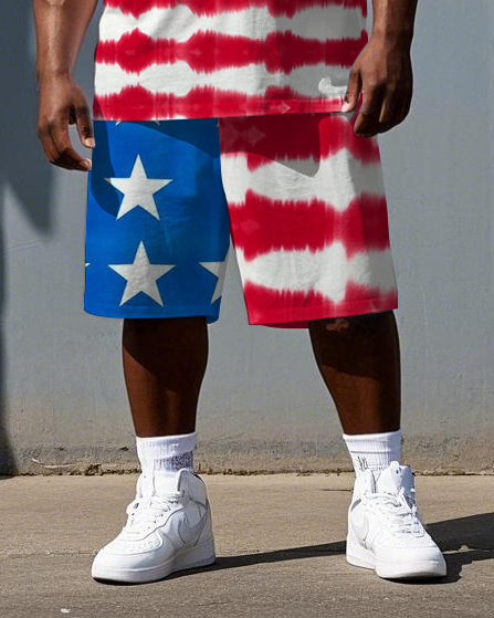 Big & Tall Men's National Flag Splicing Print Independence Day Short-Sleeve T-shirt Shorts Set