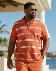 Big & Tall Men's Business Orange Stripe Print Short Sleeve Zip Polo Shirt Shorts Suit