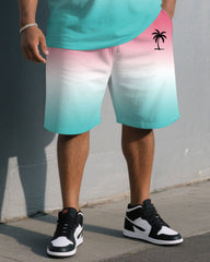 Men's Plus Size Fashion Pink & White & Blue Chest Small Label Printed Round Neck Short Sleeve T-Shirt Shorts Suit