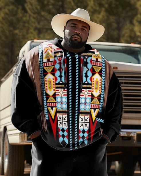 Men's  Plus Size Ethnic Style Diamond Black Hoodie Two Piece Set