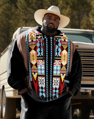 Men's  Plus Size Ethnic Style Diamond Black Hoodie Two Piece Set
