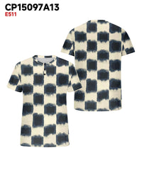 Men's Plus Size Daily Casual Blue Gradient Plaid Print Henry Collar Button Short Sleeve T-Shirt