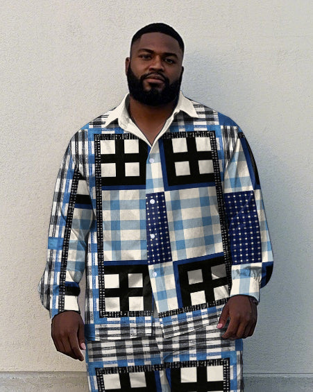 Big Men's Splicing Style Multi-plaid Printed Daily Casual Long Sleeve Shirt Pants Set