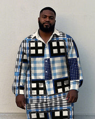 Big Men's Splicing Style Multi-plaid Printed Daily Casual Long Sleeve Shirt Pants Set