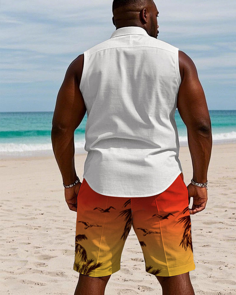 Men's Plus Size Hawaiian Chest Print Sun Sleeveless Vest Shirt Shorts Suit
