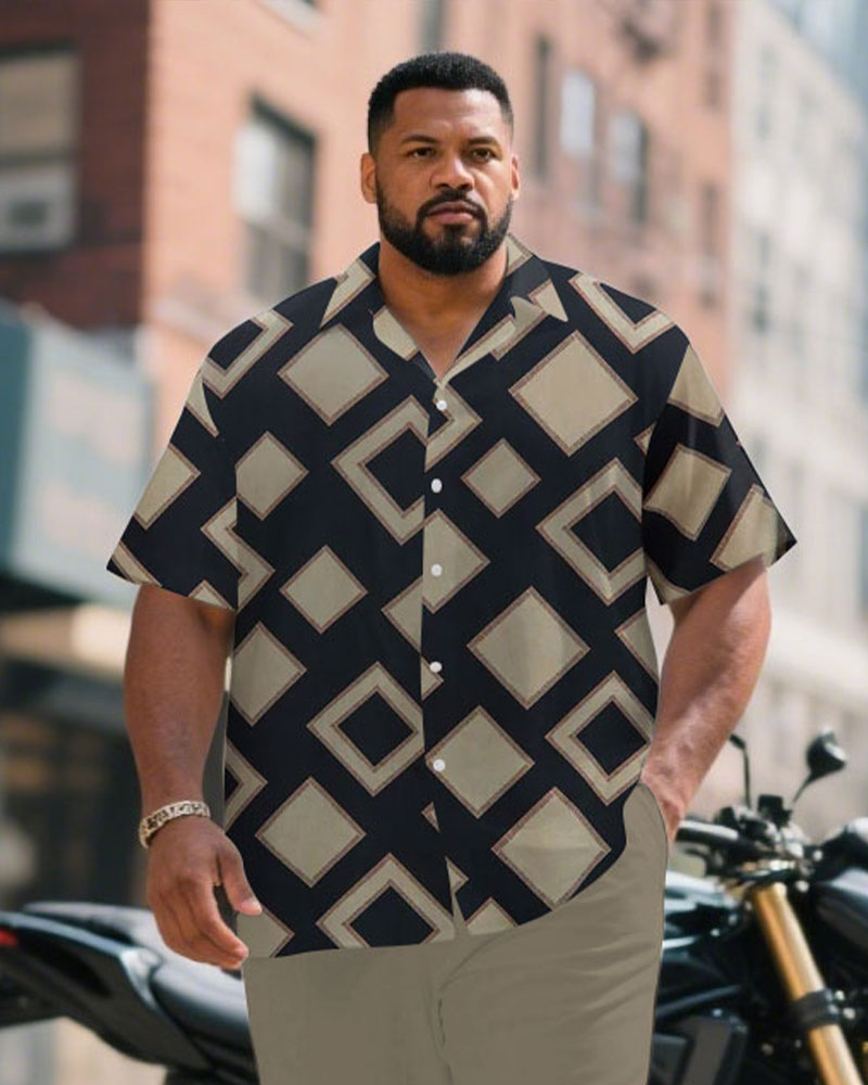 Men's Plus Size Business Black & Khaki Geometric Arrangement Short Sleeve Shirt Pants Suit