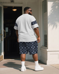 Big & Tall Men's Blue Pattern Diamond Stitching Printed Round Neck Short Sleeve T-shirt Shorts Suit