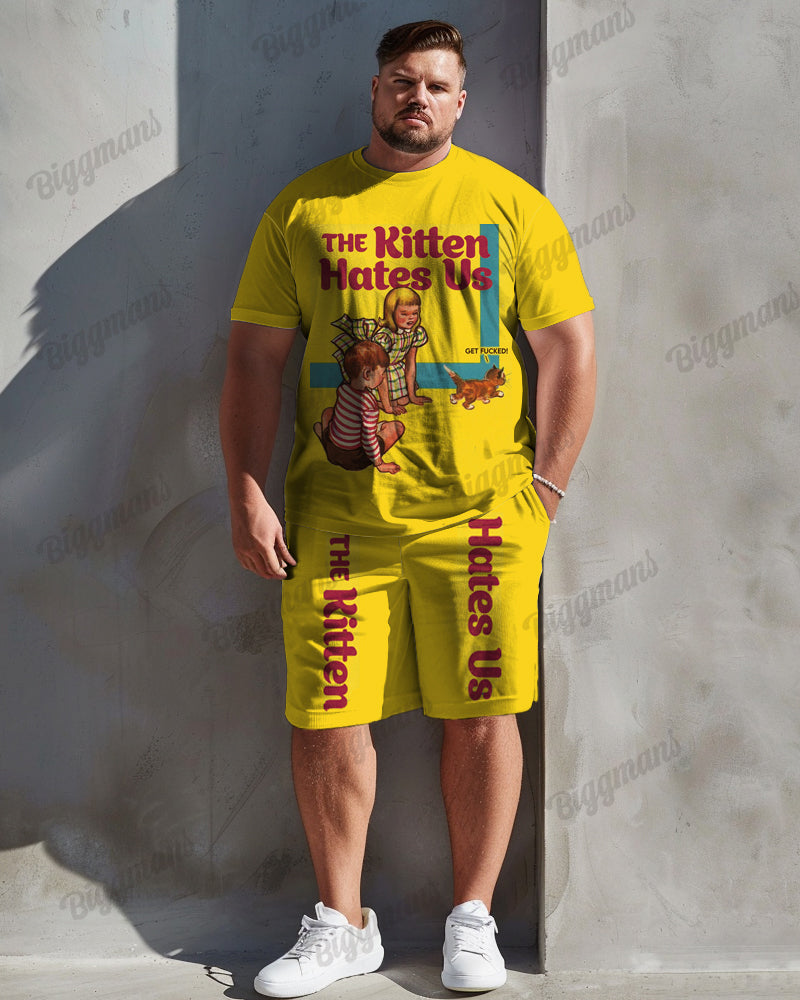 Men's Plus Size The Kitten Hates Us Printed T-shirt Shorts Suit