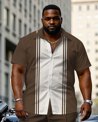 Men's Plus Size Brown & White Colorblock Short Sleeve Shirt Trousers Suit