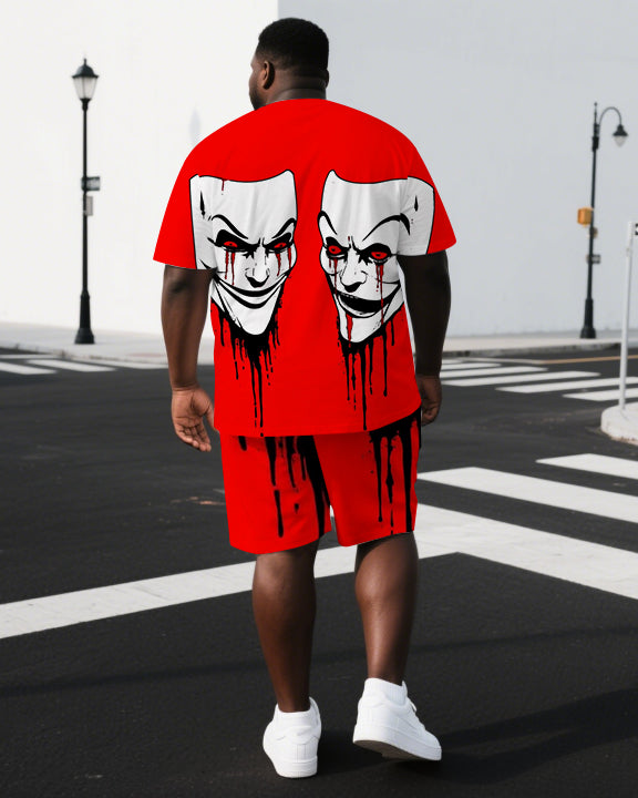 Big & Tall Men's Punk Style Bloody Mask Back Print Outdoor Summer Short-Sleeve T-shirt 2-Piece Set