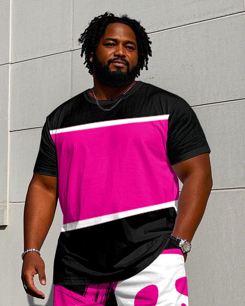 Men's Plus Size Street Hip Hop Pink & Black Short Sleeve T-Shirt Shorts Suit
