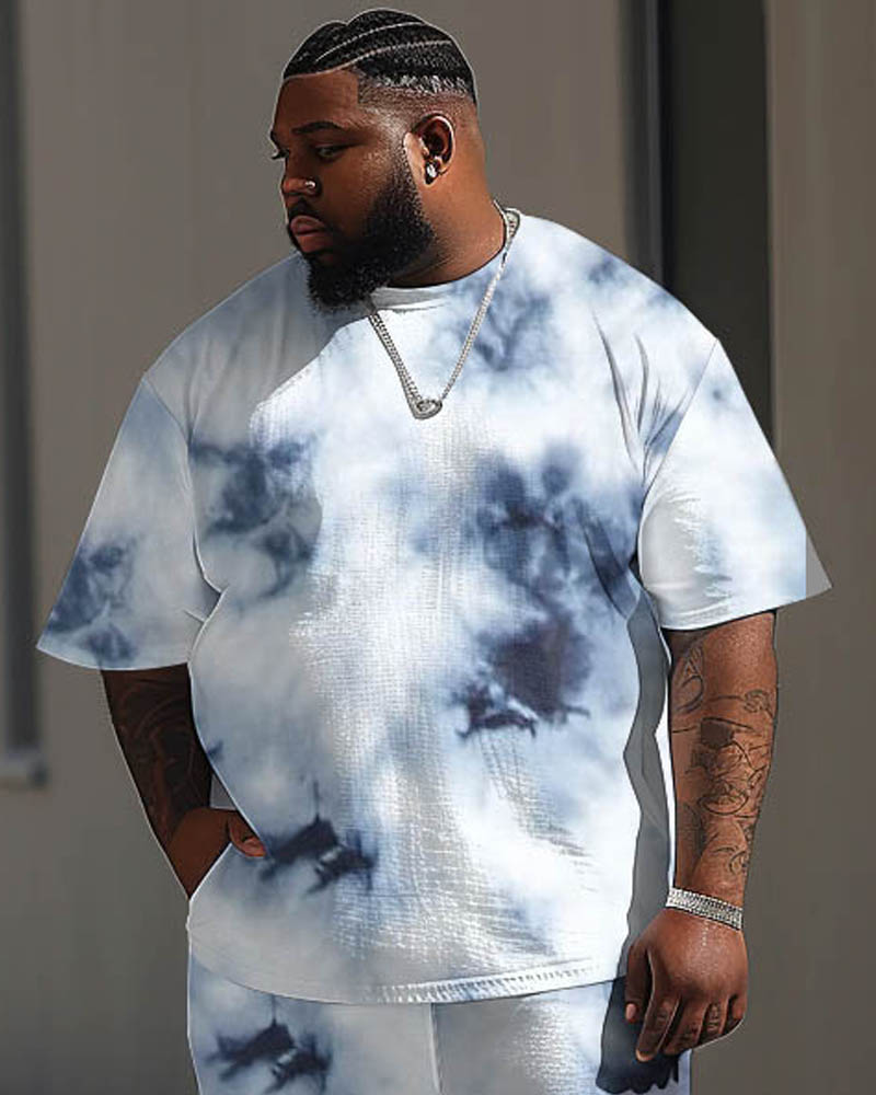 Comfortable Men's Large Tie-dye Printed Short Sleeve Trousers Suit