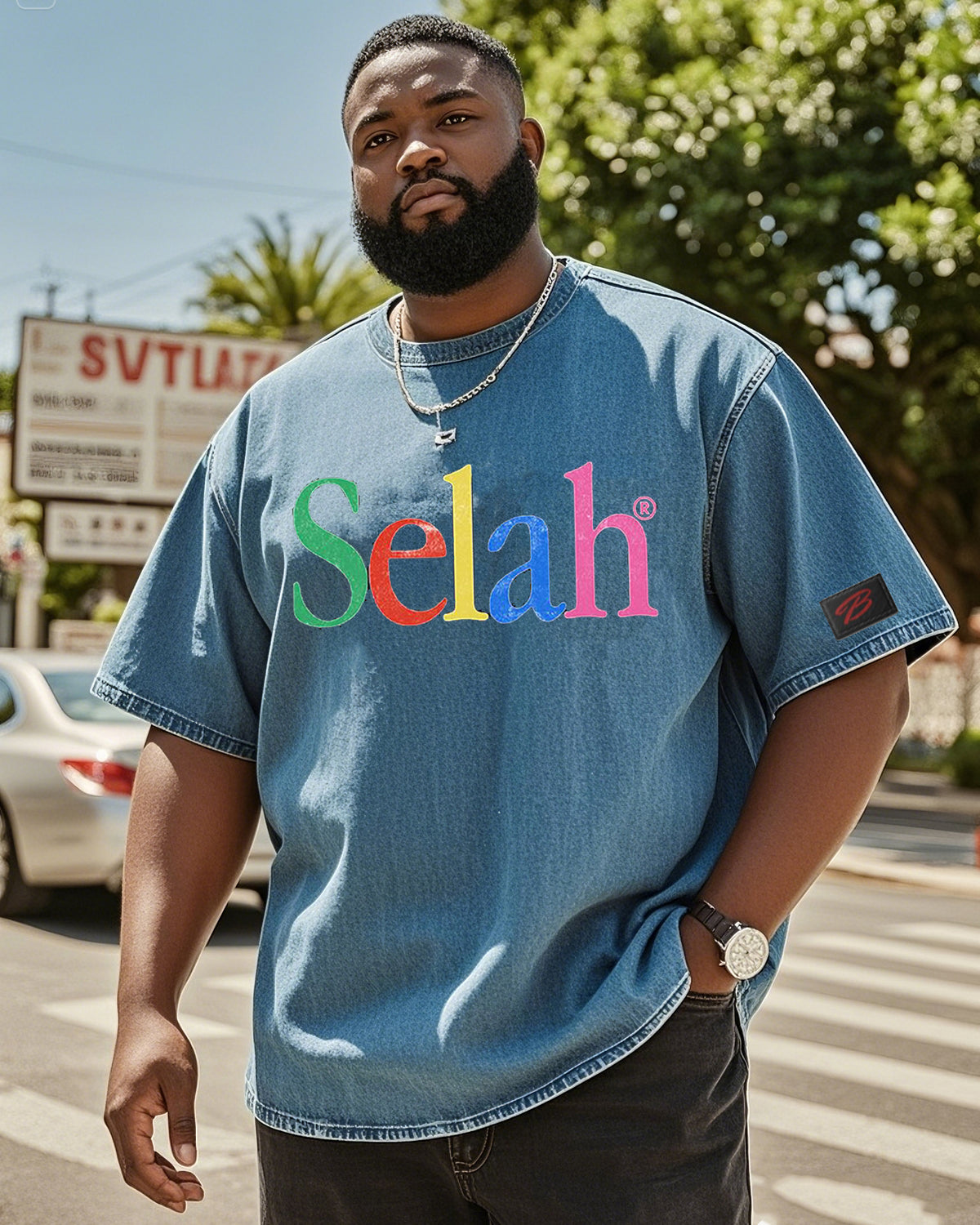 Big & Tall Men's Street Fashion Selah Color Hot Stamping-Washed Denim Short Sleeve T-Shirt
