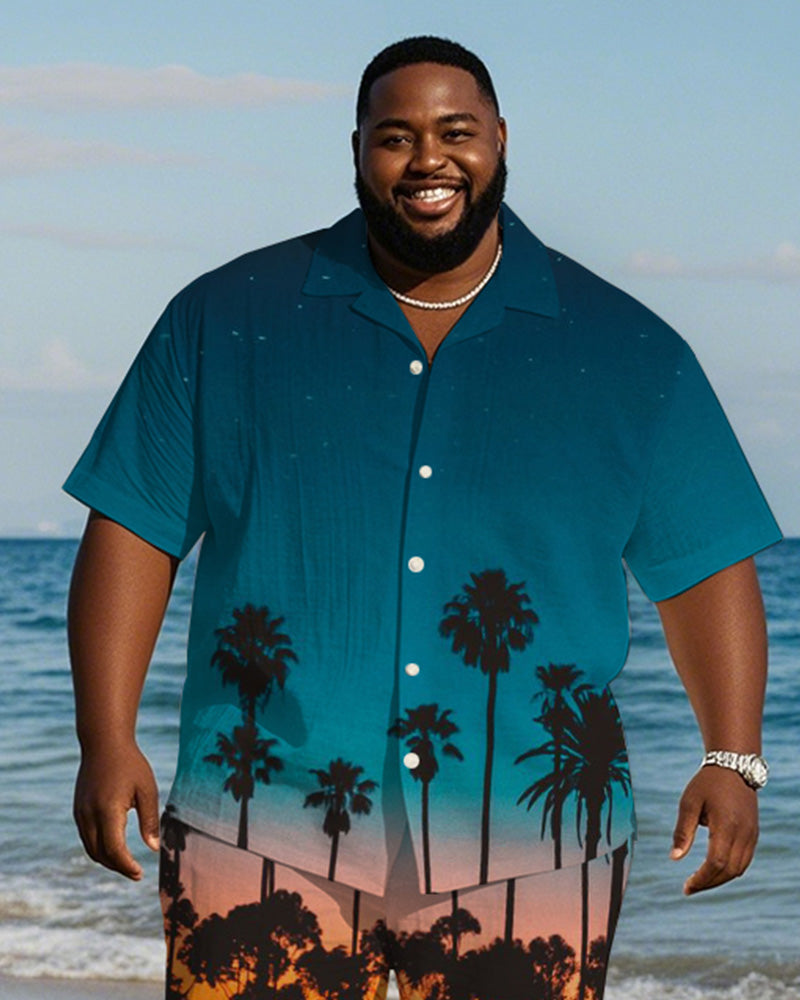 Men's Plus Size Hawaiian Gradient Blue Coconut Tree Print Shirt Shorts Suit