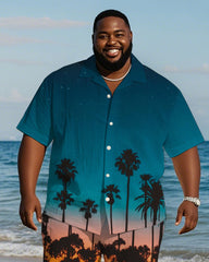 Men's Plus Size Hawaiian Gradient Blue Coconut Tree Print Shirt Shorts Suit