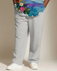 Big & Tall Men's Hawaiian Purple Ink Sunset Coconut Tree Printed Short Sleeve Shirt Pants Suit