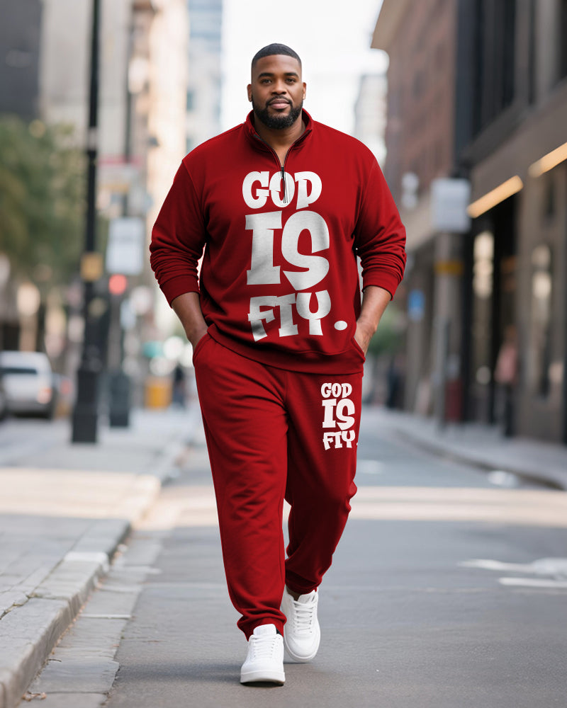 Big & Tall Men's GOD IS FIY Letter Print POLO Collar Zipper Long Sleeve Pants Two-Piece Set