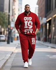 Big & Tall Men's GOD IS FIY Letter Print POLO Collar Zipper Long Sleeve Pants Two-Piece Set