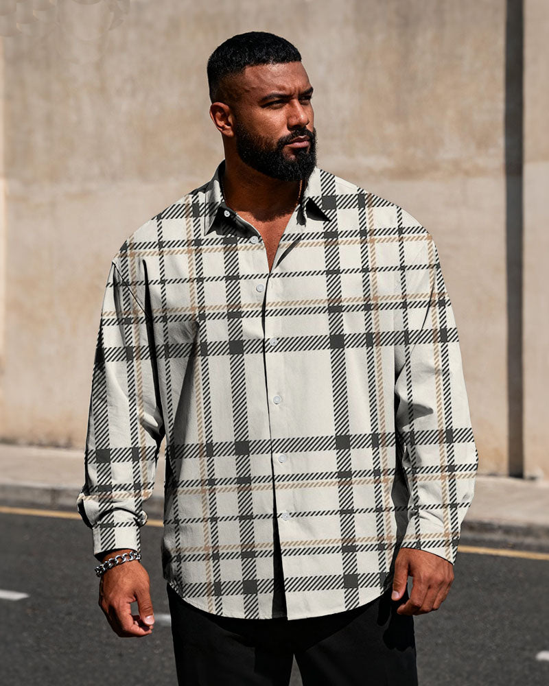 Big & Tall Men's Business Check Rice White Printed Long Sleeve Shirt