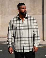 Big & Tall Men's Business Check Rice White Printed Long Sleeve Shirt