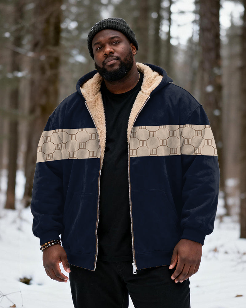 Big & Tall Men's Navy Blue White Letter Print Velvet Padded Zipper Hoodie