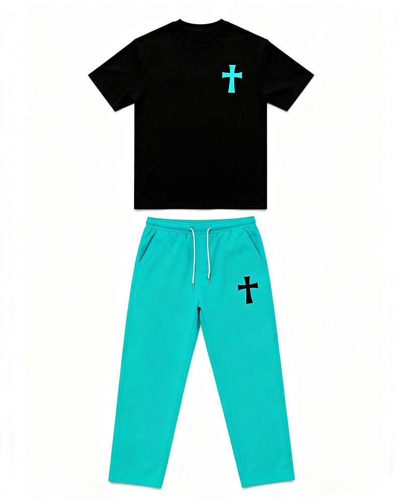 Big & Tall Men's Black And Blue Contrast Cross Printed T-Shirt Pants Set